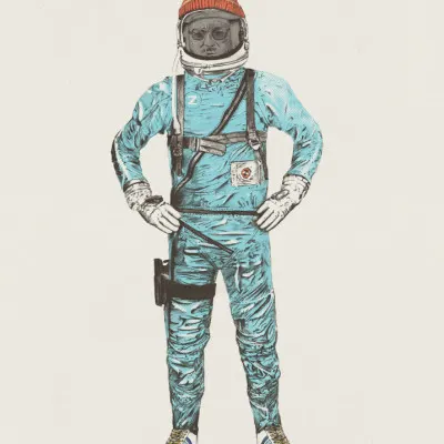 Orange Beanie Astronaut, wall art by Florent Bodart