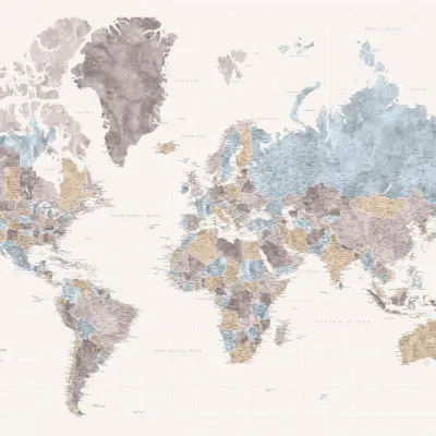 Muted Tones World Map, wall art by Rosana Laiz Blursbyai