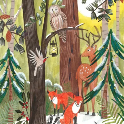 Green Christmas forest with animals, wall art by Caroline Bonne Müller