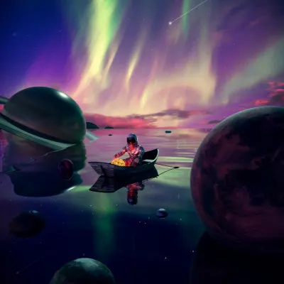 Astronaut Drifts Under Aurora, wall art by Nicebleed