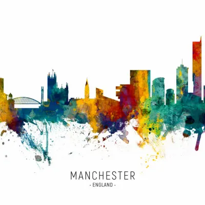 Manchester Watercolor Skyline, wall art by Michael Tompsett