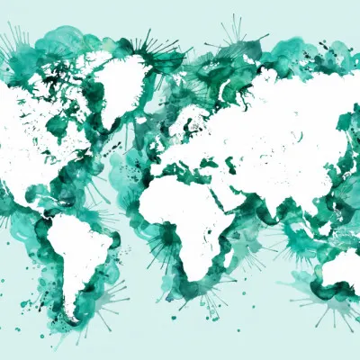 Teal Watercolor World Map, wall art by Rosana Laiz Blursbyai