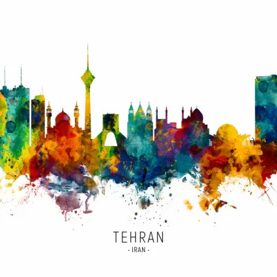 Tehran Watercolor Skyline, wall art by Michael Tompsett
