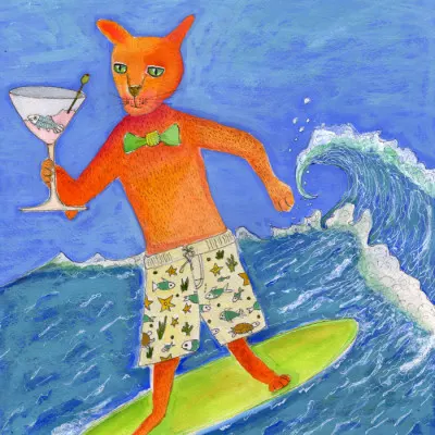 Martini Surfing Cat, wall art by Sharyn Bursic