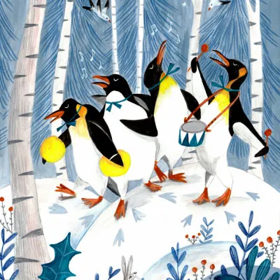 Penguins make music in the forest Christmas, wall art by Caroline Bonne Müller