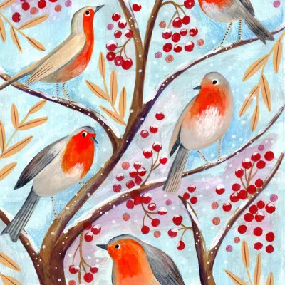 Winter birds robins Christmas snow, wall art by Caroline Bonne Müller