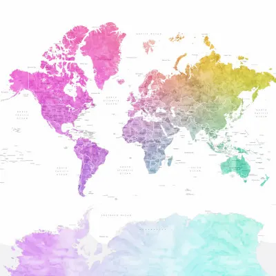 Colorful Watercolor World Map, wall art by Rosana Laiz Blursbyai