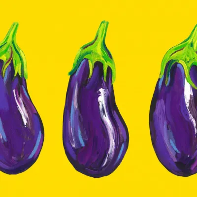 Three Sunny Eggplants, wall art by Alice Straker