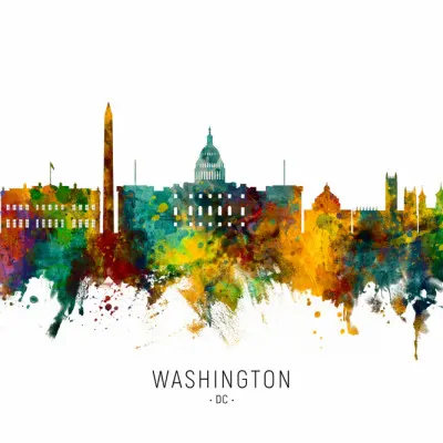Vibrant DC Watercolor Skyline, wall art by Michael Tompsett