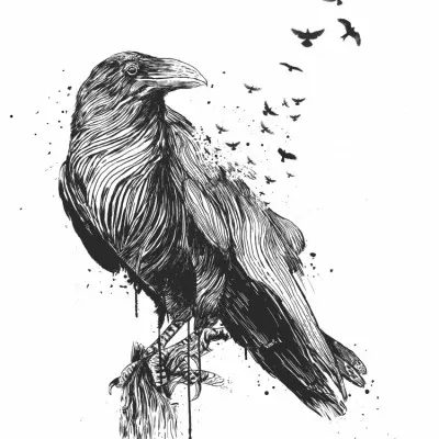 Ink Raven Flight, wall art by Balazs Solti