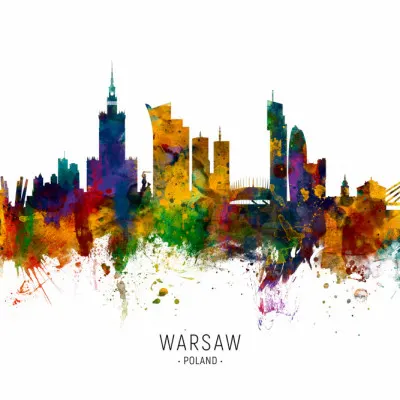 Warsaw Watercolor Skyline, wall art by Michael Tompsett