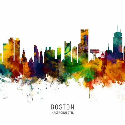 Boston Watercolor Skyline, wall art by Michael Tompsett