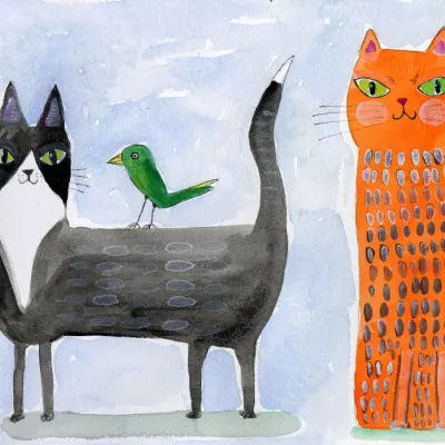 Whimsical Cats and Bird, wall art by Sharyn Bursic