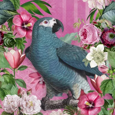 Blue Parrot Floral Garden, wall art by Andrea Haase