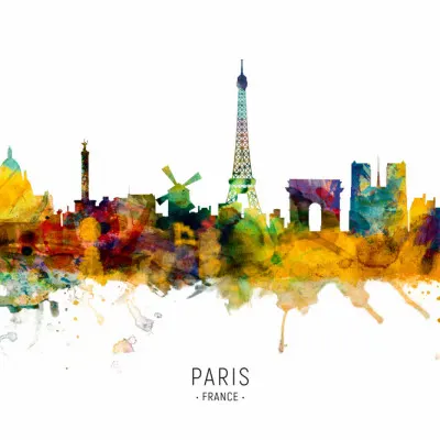 Paris Watercolor Skyline, wall art by Michael Tompsett