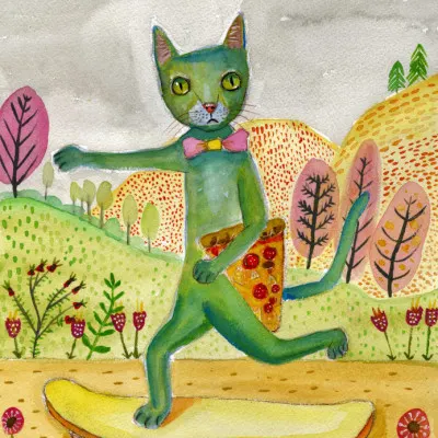 Green Cat Skateboard Pizza, wall art by Sharyn Bursic