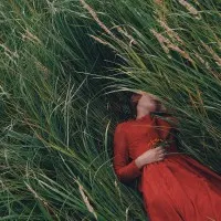 Woman in Red Meadow, wall art by Olga Barantseva