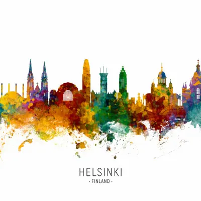 Helsinki Watercolor Skyline, wall art by Michael Tompsett