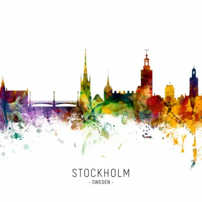 Stockholm Watercolor Skyline, wall art by Michael Tompsett