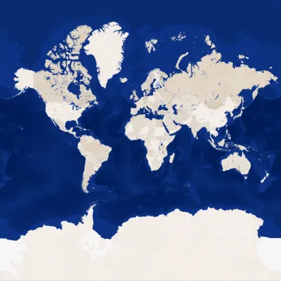 Deep Blue World Map, wall art by Rosana Laiz Blursbyai