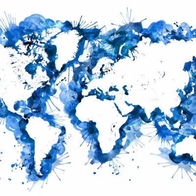 Blue Watercolor World Map, wall art by Rosana Laiz Blursbyai