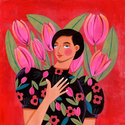 Abstract Modern Portrait Woman with Tulips, wall art by Caroline Bonne Müller