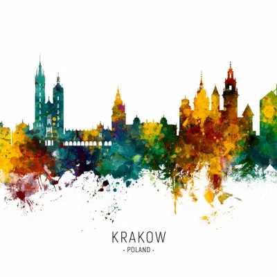 Krakow Watercolor Skyline, wall art by Michael Tompsett