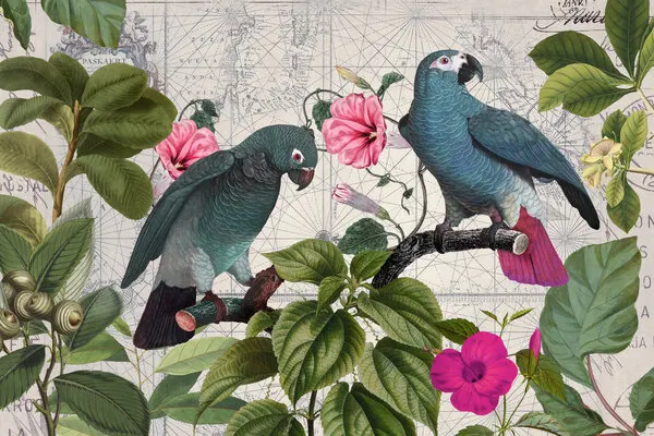 Blue Parrots Tropical Map, wall art by Andrea Haase