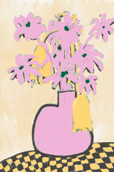 Pink Flowers Checkered Table, wall art by Little Dean