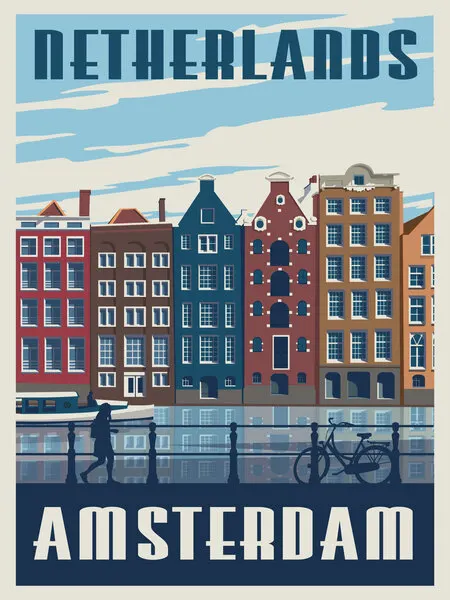 Vibrant Amsterdam Canal Houses, wall art by Retrodrome