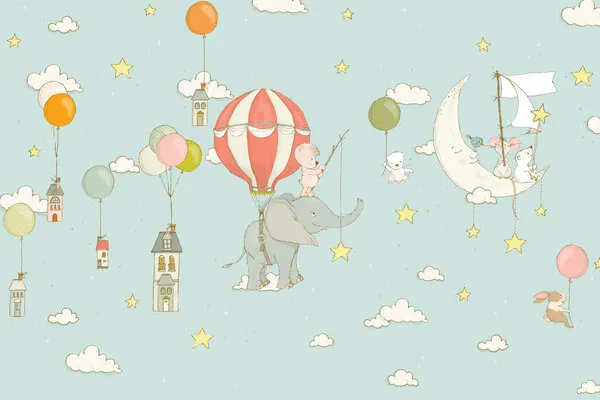 Flying Elephant Moon Boat, wall art by Sue Skellern