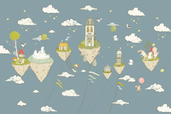 Whimsical Sky Village, wall art by Sue Skellern