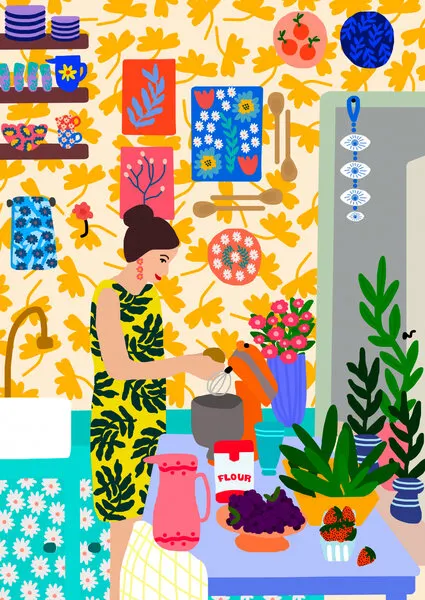 A Woman In A Kitchen With Flowers, wall art by Rafaela Mascaro