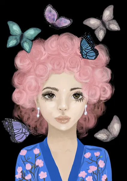 Pink Hair Butterfly Portrait, wall art by Monica Lindblom