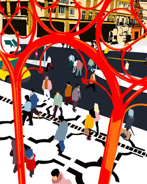 Red Abstract City Life, wall art by Uma Gokhale