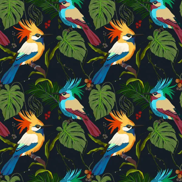 Vibrant Jungle Birds Pattern, wall art by Josie George