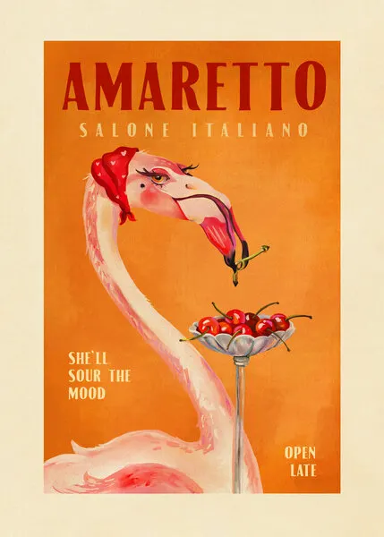 Amaretto Flamingo Art Deco Italian Cafe Travel Art, wall art by The Whiskey Ginger