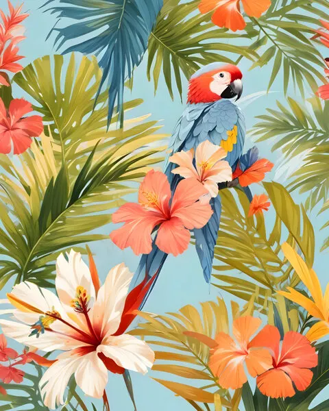 Tropical Parrot Blooms, wall art by Uma Gokhale