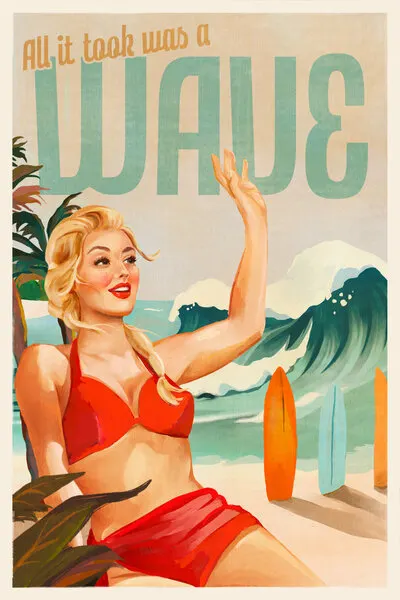 Surfing Pinup Girl On Beach In Bikini, wall art by The Whiskey Ginger
