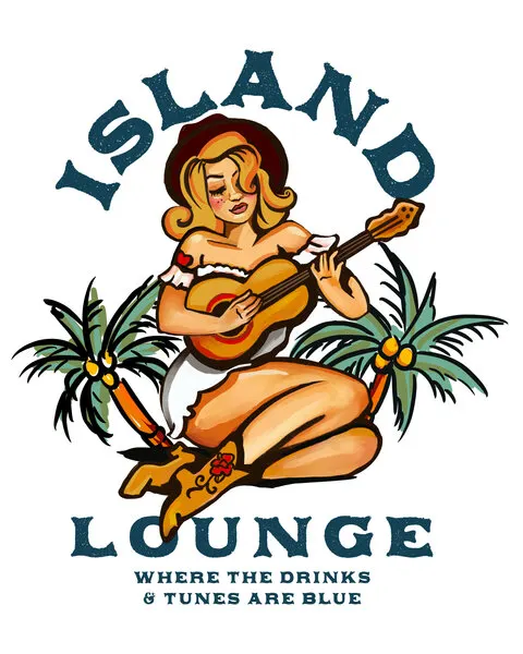 Island Lounge Tropical Pin Up Girl Playing Guitar, wall art by The Whiskey Ginger