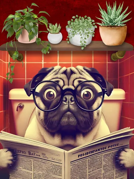Smart Pug Reading Newspaper, wall art by Tonya van Schalkwyk