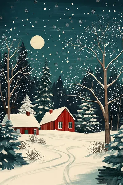 Red Cabins Winter Night, wall art by Pictufy Studio IV
