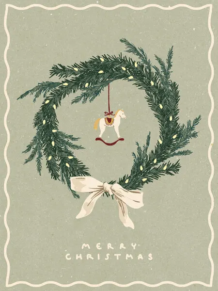 Horses toy on Christmas wreath with bow, wall art by NKTN