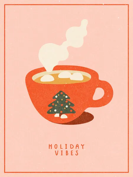 Holiday vibes. A mug of hot cocoa for Christmas, wall art by NKTN