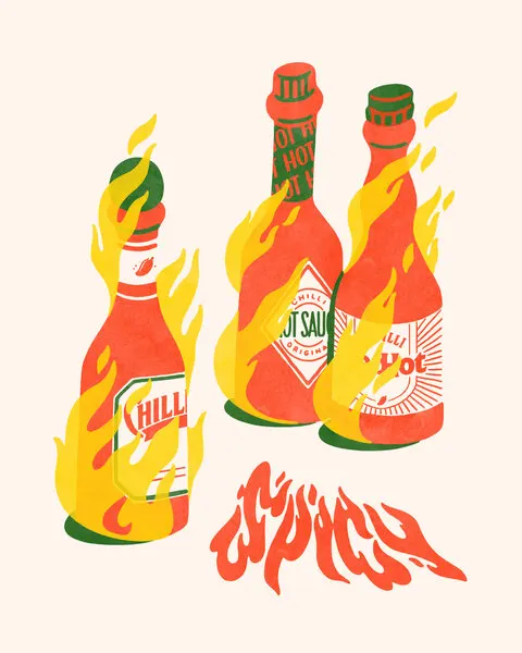 Fiery Hot Sauce Bottles, wall art by Arté Koola