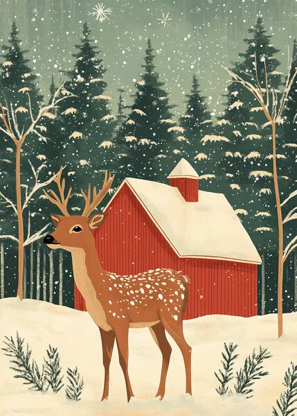 Winter Deer Red Barn, wall art by Pictufy Studio IV