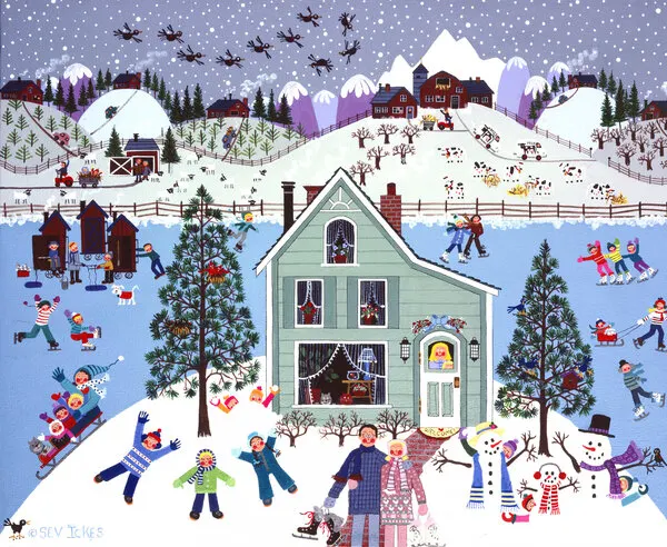 Joyful Winter Village Scene, wall art by Sev Ickes