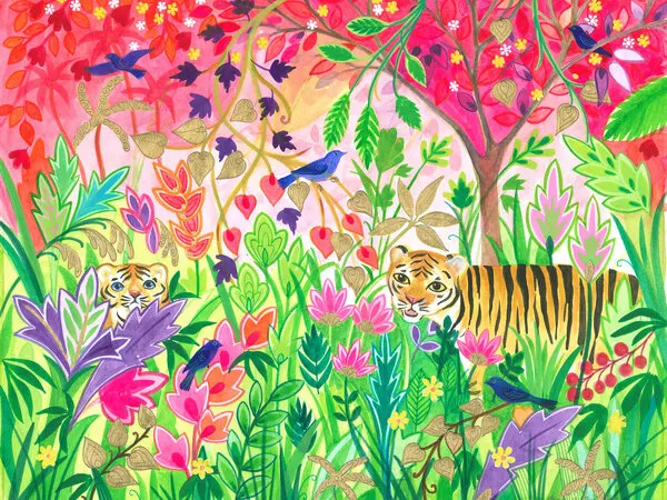 Jungle Painting With Lush Foliage And Exotic Animals, wall art by Isabelle Brent