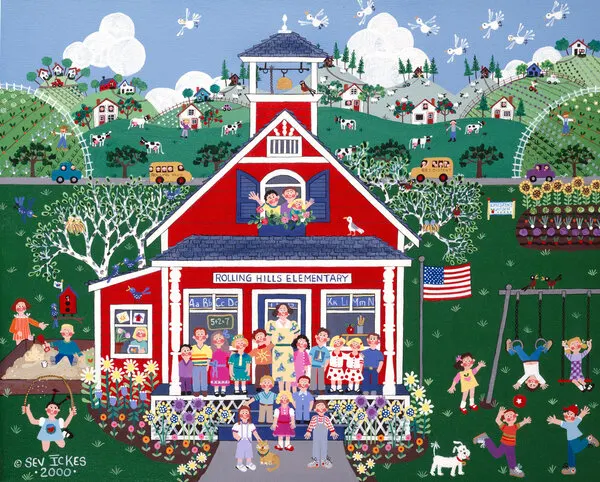 Folk Art Schoolhouse, wall art by Sev Ickes