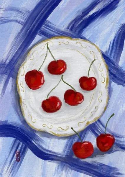 Red Cherries Blue Table, wall art by Dirkie Nell